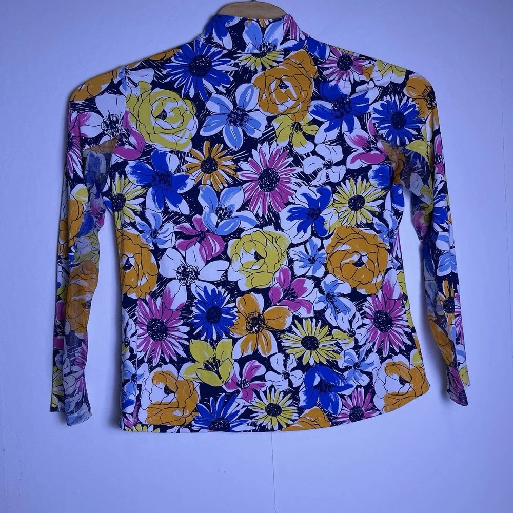 IBKUL Women's XL Blue Pink Orange Medeline Long Sleeve Mock Neck Floral - Picture 3 of 10